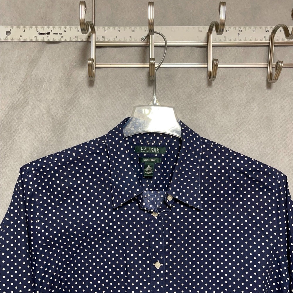 Ralph Lauren Shirt Women 2X Blue Polka Dot Geometric Top Tunic Blouse Button Up